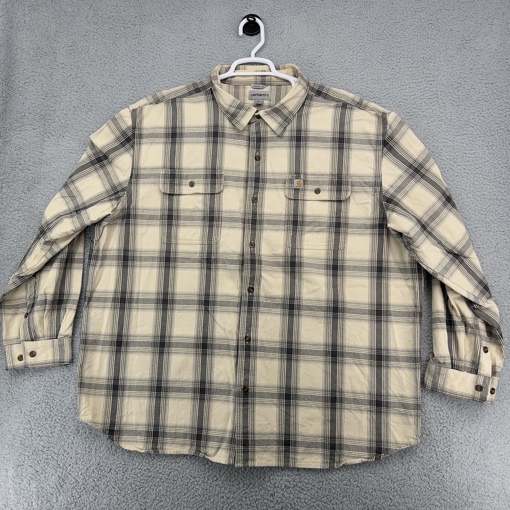 Carhartt Original Fit Flannel Shirt Men's 3XL Beige Gray Plaid Button Up Heavy